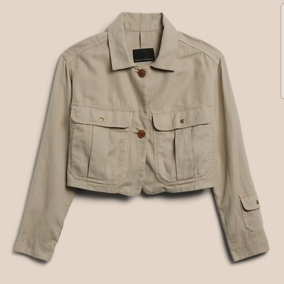 Banana Republic Cropped Utility Jacket Dark Khaki Color Sz Small Cotton & Linen - Picture 2 of 11